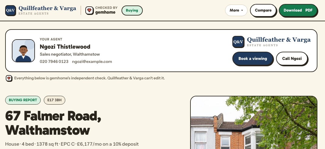 The branded buyer report: the agency's logo in the header, an agent card with photo and contact buttons, and the report below it